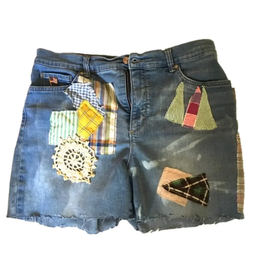 Upcycled Reworked Patchwork Denim Shorts Size 12 - Picture 2 of 14